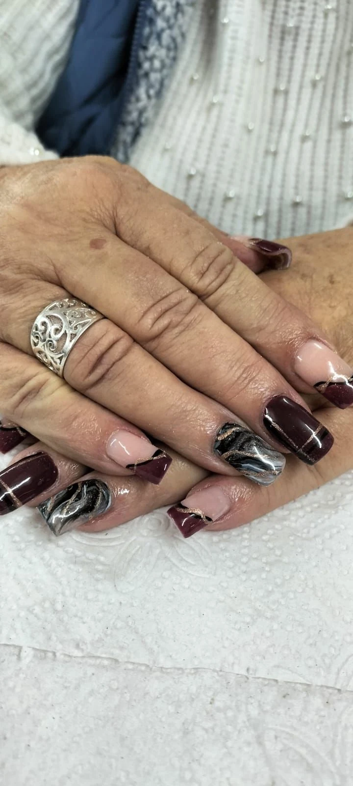 Nails done at Neon Moon Nail & Beauty, Sasolburg: burgundy with silver chrome marble