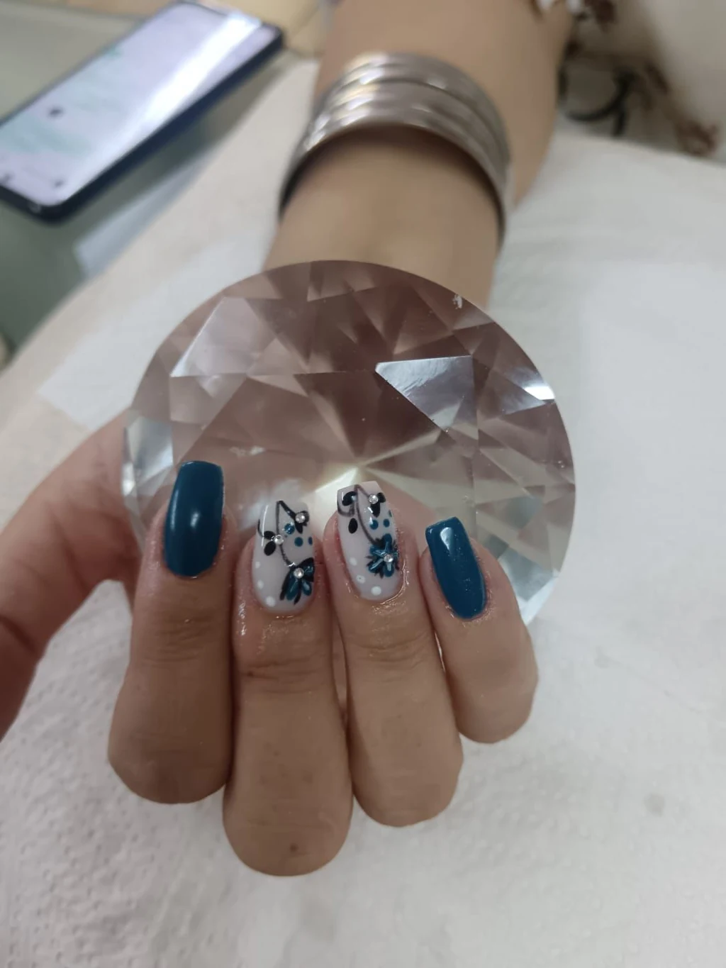Nails done at Neon Moon Nail & Beauty, Sasolburg: deep teal with painted florals